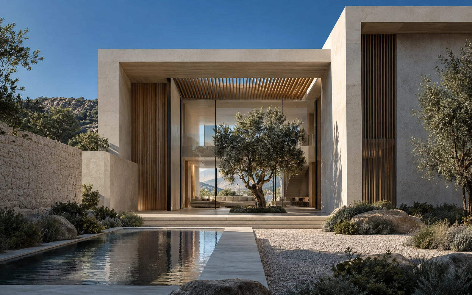 Original, unbuilt courtyard architecture concept with pale stone, timber screens and a framed tree