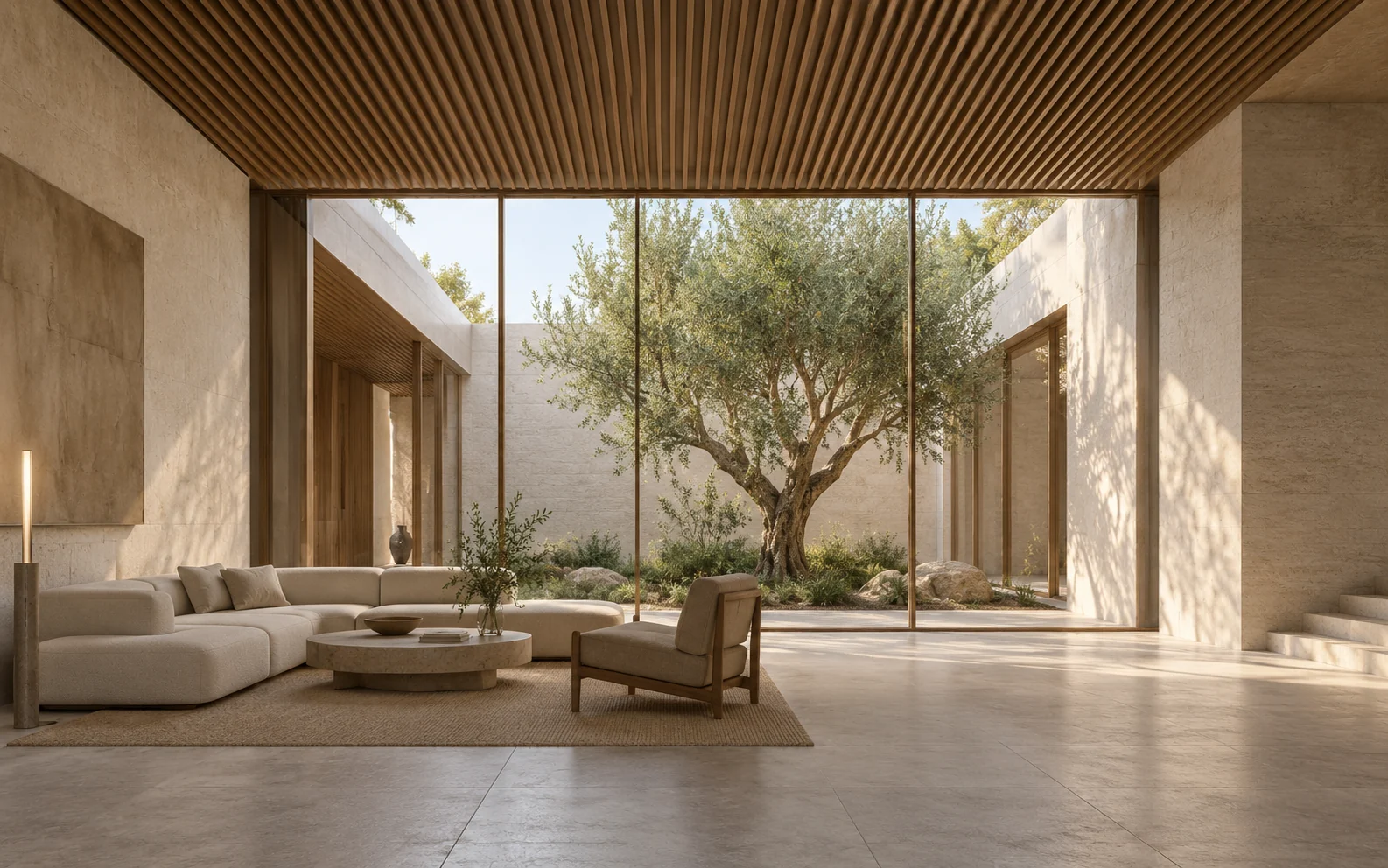Unbuilt interior concept with a timber ceiling and glazed courtyard